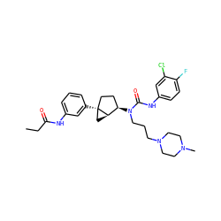CCC(=O)Nc1cccc([C@]23CC[C@@H](N(CCCN4CCN(C)CC4)C(=O)Nc4ccc(F)c(Cl)c4)[C@H]2C3)c1 ZINC000036351622