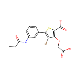 CCC(=O)Nc1cccc(-c2sc(C(=O)O)c(OCC(=O)O)c2Br)c1 ZINC000028711528