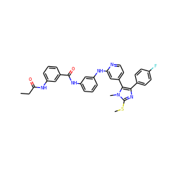 CCC(=O)Nc1cccc(C(=O)Nc2cccc(Nc3cc(-c4c(-c5ccc(F)cc5)nc(SC)n4C)ccn3)c2)c1 ZINC001772602734