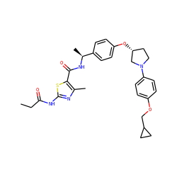 CCC(=O)Nc1nc(C)c(C(=O)N[C@@H](C)c2ccc(O[C@@H]3CCN(c4ccc(OCC5CC5)cc4)C3)cc2)s1 ZINC000209123932