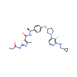 CCC(=O)Nc1nc(C)c(C(=O)N[C@@H](C)c2ccc(O[C@@H]3CCN(c4ccnc(NCC5CC5)c4F)C3)cc2)s1 ZINC000169709378