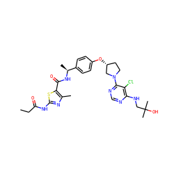 CCC(=O)Nc1nc(C)c(C(=O)N[C@@H](C)c2ccc(O[C@@H]3CCN(c4ncnc(NCC(C)(C)O)c4Cl)C3)cc2)s1 ZINC000261114272