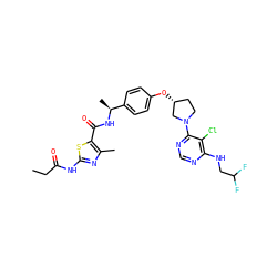 CCC(=O)Nc1nc(C)c(C(=O)N[C@@H](C)c2ccc(O[C@@H]3CCN(c4ncnc(NCC(F)F)c4Cl)C3)cc2)s1 ZINC000261152753