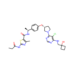 CCC(=O)Nc1nc(C)c(C(=O)N[C@@H](C)c2ccc(O[C@@H]3CCN(c4ncnc(NCC5(O)CCC5)c4Cl)C3)cc2)s1 ZINC000261154195