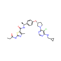 CCC(=O)Nc1nc(C)c(C(=O)N[C@@H](C)c2ccc(O[C@@H]3CCN(c4ncnc(NCC5CC5)c4Cl)C3)cc2)s1 ZINC000261132796