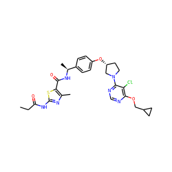 CCC(=O)Nc1nc(C)c(C(=O)N[C@@H](C)c2ccc(O[C@@H]3CCN(c4ncnc(OCC5CC5)c4Cl)C3)cc2)s1 ZINC000261160991