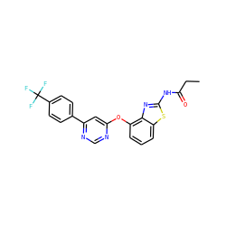 CCC(=O)Nc1nc2c(Oc3cc(-c4ccc(C(F)(F)F)cc4)ncn3)cccc2s1 ZINC000014974138