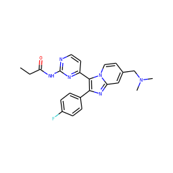 CCC(=O)Nc1nccc(-c2c(-c3ccc(F)cc3)nc3cc(CN(C)C)ccn23)n1 ZINC000028963719