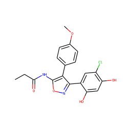 CCC(=O)Nc1onc(-c2cc(Cl)c(O)cc2O)c1-c1ccc(OC)cc1 ZINC000299837985