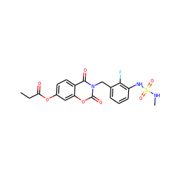 CCC(=O)Oc1ccc2c(=O)n(Cc3cccc(NS(=O)(=O)NC)c3F)c(=O)oc2c1 ZINC000653857955