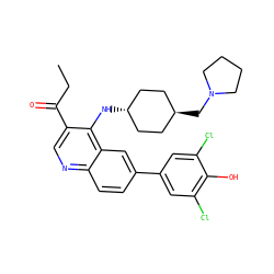 CCC(=O)c1cnc2ccc(-c3cc(Cl)c(O)c(Cl)c3)cc2c1N[C@H]1CC[C@H](CN2CCCC2)CC1 ZINC000473183001