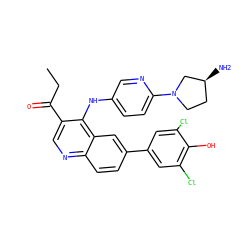 CCC(=O)c1cnc2ccc(-c3cc(Cl)c(O)c(Cl)c3)cc2c1Nc1ccc(N2CC[C@H](N)C2)nc1 ZINC000215730265
