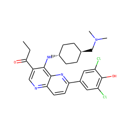 CCC(=O)c1cnc2ccc(-c3cc(Cl)c(O)c(Cl)c3)nc2c1N[C@H]1CC[C@H](CN(C)C)CC1 ZINC000473194498