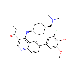 CCC(=O)c1cnc2ccc(-c3cc(Cl)c(O)c(OC)c3)cc2c1N[C@H]1CC[C@H](CN(C)C)CC1 ZINC000473164951