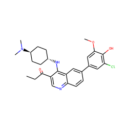 CCC(=O)c1cnc2ccc(-c3cc(Cl)c(O)c(OC)c3)cc2c1N[C@H]1CC[C@H](N(C)C)CC1 ZINC000473179110