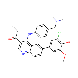 CCC(=O)c1cnc2ccc(-c3cc(Cl)c(O)c(OC)c3)cc2c1Nc1ccc(CN(C)C)cc1 ZINC000219344135