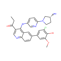 CCC(=O)c1cnc2ccc(-c3cc(Cl)c(O)c(OC)c3)cc2c1Nc1ccc(N2CC[C@@H](N)C2)nc1 ZINC000114037514