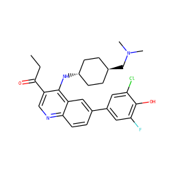 CCC(=O)c1cnc2ccc(-c3cc(F)c(O)c(Cl)c3)cc2c1N[C@H]1CC[C@H](CN(C)C)CC1 ZINC000473165296