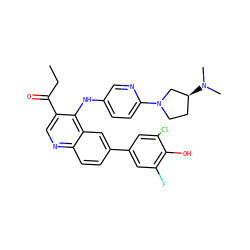 CCC(=O)c1cnc2ccc(-c3cc(F)c(O)c(Cl)c3)cc2c1Nc1ccc(N2CC[C@H](N(C)C)C2)nc1 ZINC000219359607
