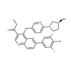 CCC(=O)c1cnc2ccc(-c3cc(F)c(O)c(Cl)c3)cc2c1Nc1ccc(N2CC[C@H](N)C2)nc1 ZINC000215730395
