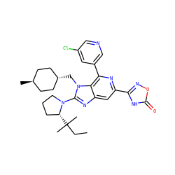 CCC(C)(C)[C@@H]1CCCN1c1nc2cc(-c3noc(=O)[nH]3)nc(-c3cncc(Cl)c3)c2n1C[C@H]1CC[C@H](C)CC1 ZINC000261124450
