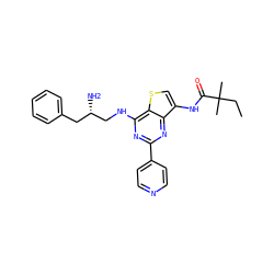 CCC(C)(C)C(=O)Nc1csc2c(NC[C@@H](N)Cc3ccccc3)nc(-c3ccncc3)nc12 ZINC000653670154