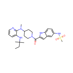 CCC(C)(C)Nc1cccnc1N(C)C1CCN(C(=O)c2cc3cc(NS(C)(=O)=O)ccc3[nH]2)CC1 ZINC000013758744