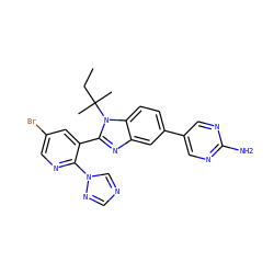 CCC(C)(C)n1c(-c2cc(Br)cnc2-n2cncn2)nc2cc(-c3cnc(N)nc3)ccc21 ZINC000169251178