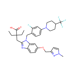 CCC(CC)(Cc1nc2ccc(OCc3ccn(C)n3)cc2n1Cc1ccc(N2CCC(C(F)(F)F)CC2)cc1F)C(=O)O ZINC000226037072
