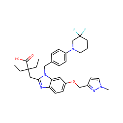 CCC(CC)(Cc1nc2ccc(OCc3ccn(C)n3)cc2n1Cc1ccc(N2CCCC(F)(F)C2)cc1)C(=O)O ZINC000226022657
