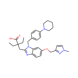 CCC(CC)(Cc1nc2ccc(OCc3ccn(C)n3)cc2n1Cc1ccc(N2CCCCC2)cc1)C(=O)O ZINC000218243041