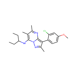 CCC(CC)Nc1c(C)c(C)nc2c(-c3ccc(OC)cc3Cl)c(C)nn12 ZINC000072113283
