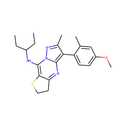 CCC(CC)Nc1c2c(nc3c(-c4ccc(OC)cc4C)c(C)nn13)CCS2 ZINC000038394802
