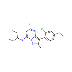 CCC(CC)Nc1cc(C)nc2c(-c3ccc(OC)cc3Cl)c(C)nn12 ZINC000072113282