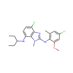 CCC(CC)Nc1ccc(Cl)c2nc(Nc3c(C)cc(Cl)cc3OC)n(C)c12 ZINC001772652464