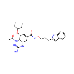 CCC(CC)O[C@@H]1C=C(C(=O)NOCCCc2cc3ccccc3[nH]2)C[C@H](NC(=N)N)[C@H]1NC(C)=O ZINC000299831888
