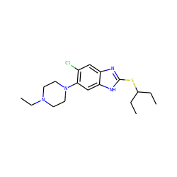 CCC(CC)Sc1nc2cc(Cl)c(N3CCN(CC)CC3)cc2[nH]1 ZINC000029050071