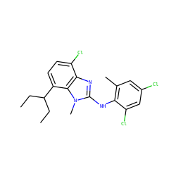 CCC(CC)c1ccc(Cl)c2nc(Nc3c(C)cc(Cl)cc3Cl)n(C)c12 ZINC000088366517