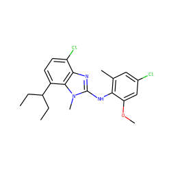 CCC(CC)c1ccc(Cl)c2nc(Nc3c(C)cc(Cl)cc3OC)n(C)c12 ZINC000088366548