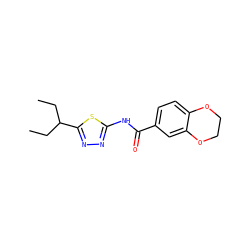 CCC(CC)c1nnc(NC(=O)c2ccc3c(c2)OCCO3)s1 ZINC000002651404