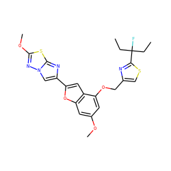 CCC(F)(CC)c1nc(COc2cc(OC)cc3oc(-c4cn5nc(OC)sc5n4)cc23)cs1 ZINC000653679925