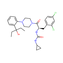 CCC(O)(CC)c1ccccc1N1CCN(C(=O)[C@@H](Cc2ccc(Cl)cc2Cl)NC(=O)NC2CC2)CC1 ZINC000044386967