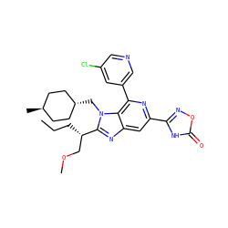 CCC[C@@H](COC)c1nc2cc(-c3noc(=O)[nH]3)nc(-c3cncc(Cl)c3)c2n1C[C@H]1CC[C@H](C)CC1 ZINC000261173050