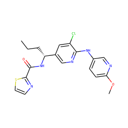 CCC[C@@H](NC(=O)c1nccs1)c1cnc(Nc2ccc(OC)nc2)c(Cl)c1 ZINC000473098002