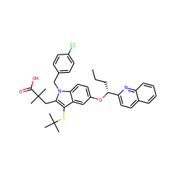 CCC[C@@H](Oc1ccc2c(c1)c(SC(C)(C)C)c(CC(C)(C)C(=O)O)n2Cc1ccc(Cl)cc1)c1ccc2ccccc2n1 ZINC000026466674
