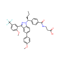 CCC[C@@H](c1ccc(C(=O)NCCC(=O)O)cc1)n1nc(-c2cc(C(F)(F)F)ccc2OC)c2cc(-c3ccc(OC)cc3)ccc21 ZINC000473091455