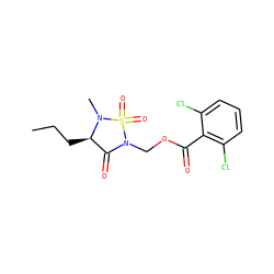 CCC[C@@H]1C(=O)N(COC(=O)c2c(Cl)cccc2Cl)S(=O)(=O)N1C ZINC000001485697
