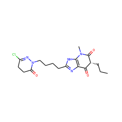 CCC[C@@H]1C(=O)c2nc(CCCCN3N=C(Cl)CCC3=O)[nH]c2N(C)C1=O ZINC000100034564