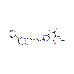 CCC[C@@H]1C(=O)c2nc(CCCCN3N=C(c4ccccc4)CCC3=O)[nH]c2N(C)C1=O ZINC000100034464
