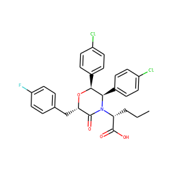 CCC[C@H](C(=O)O)N1C(=O)[C@H](Cc2ccc(F)cc2)O[C@@H](c2ccc(Cl)cc2)[C@H]1c1ccc(Cl)cc1 ZINC000095603156